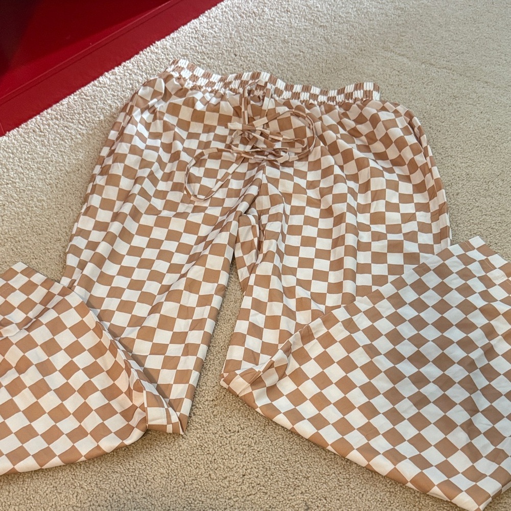 Women’s Wide Leg Drawstring Pants in Beige Check